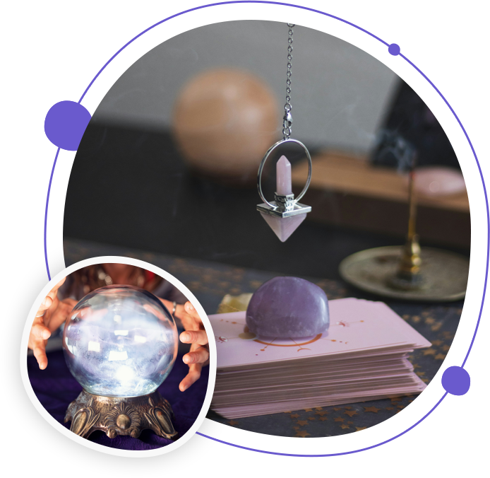 A crystal ball and some papers on a table