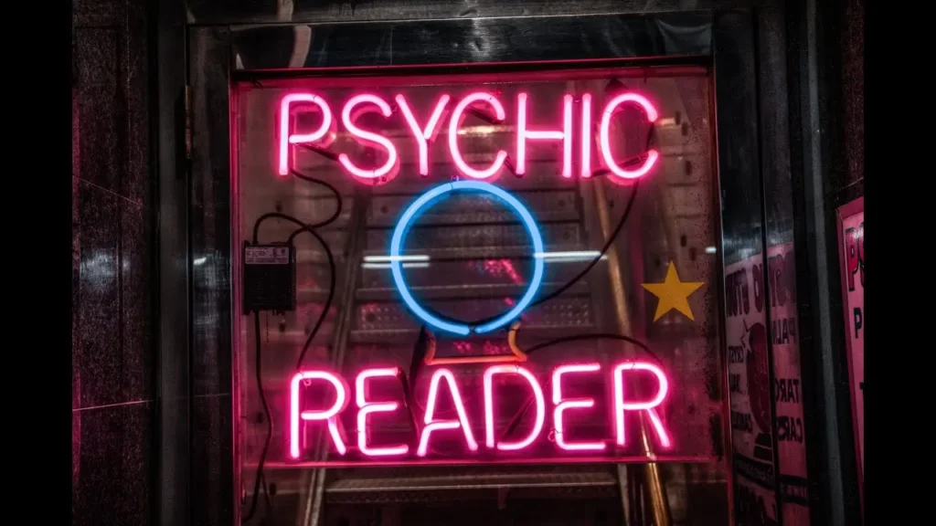 Neon sign reading "Psychic Reader" at night.