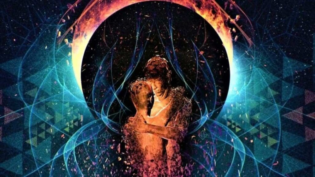 Abstract couple embracing with vibrant cosmic background.