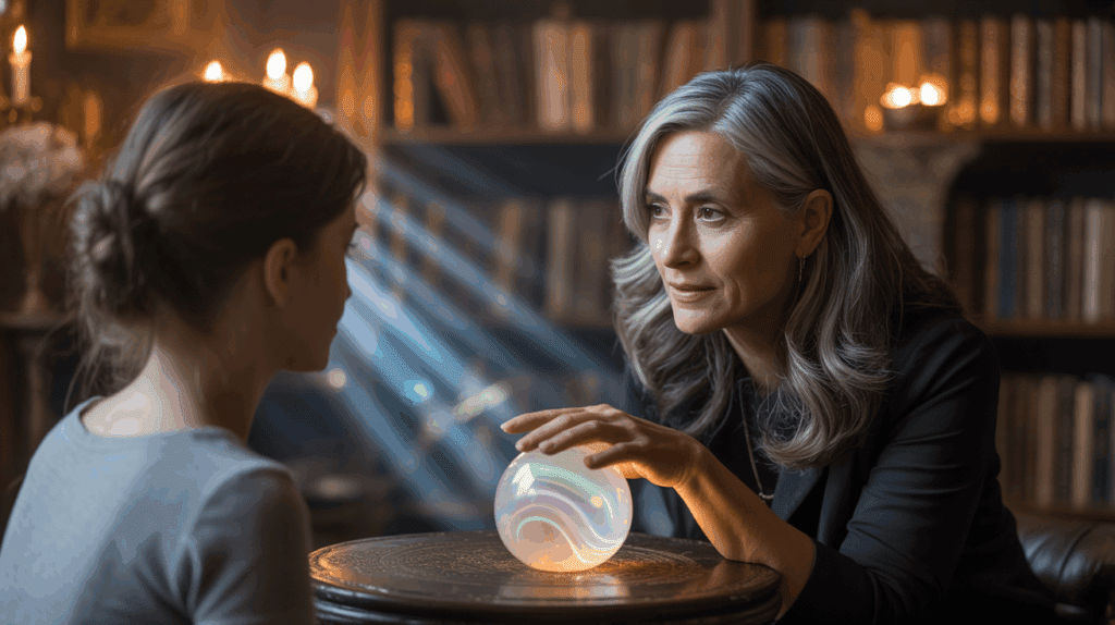 Two women with crystal ball, dimly lit.