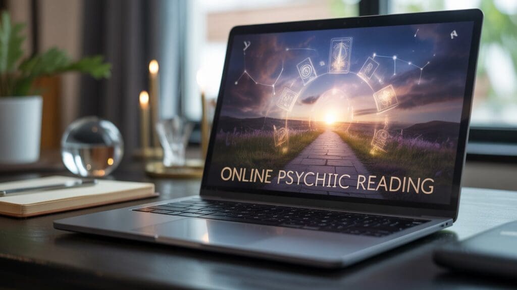 Laptop displaying online psychic reading website.