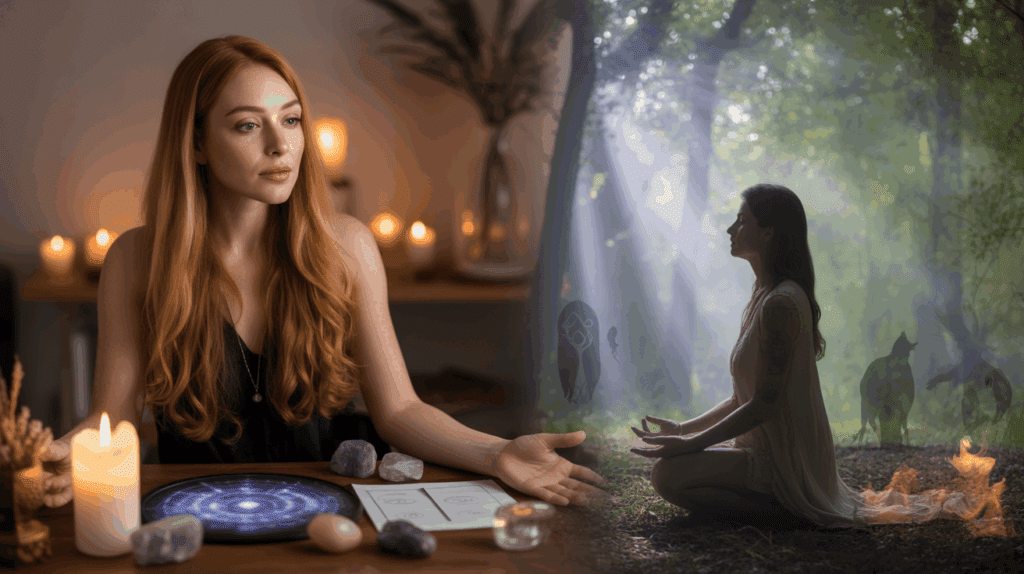 Woman meditating and practicing spirituality indoors.