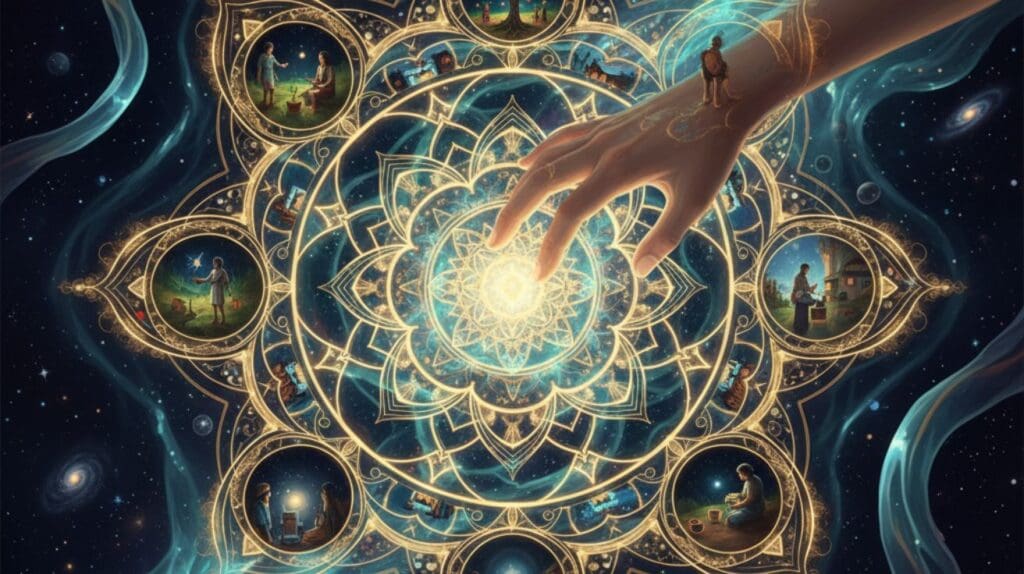 Hand reaching towards intricate, glowing mandala design.