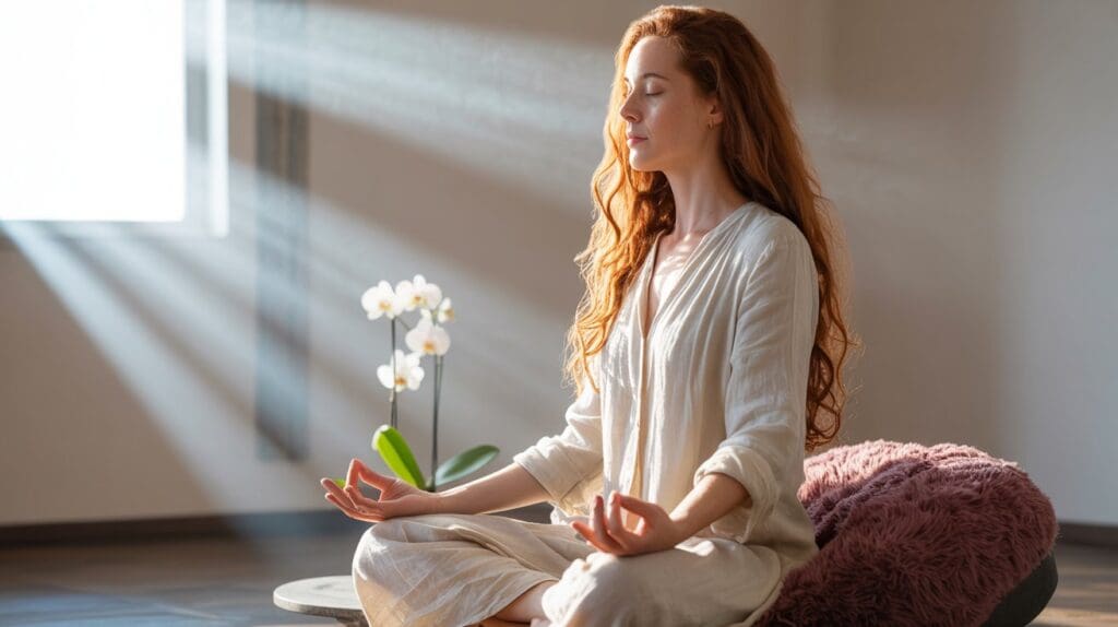 Woman meditating in sunlit room with orchid.