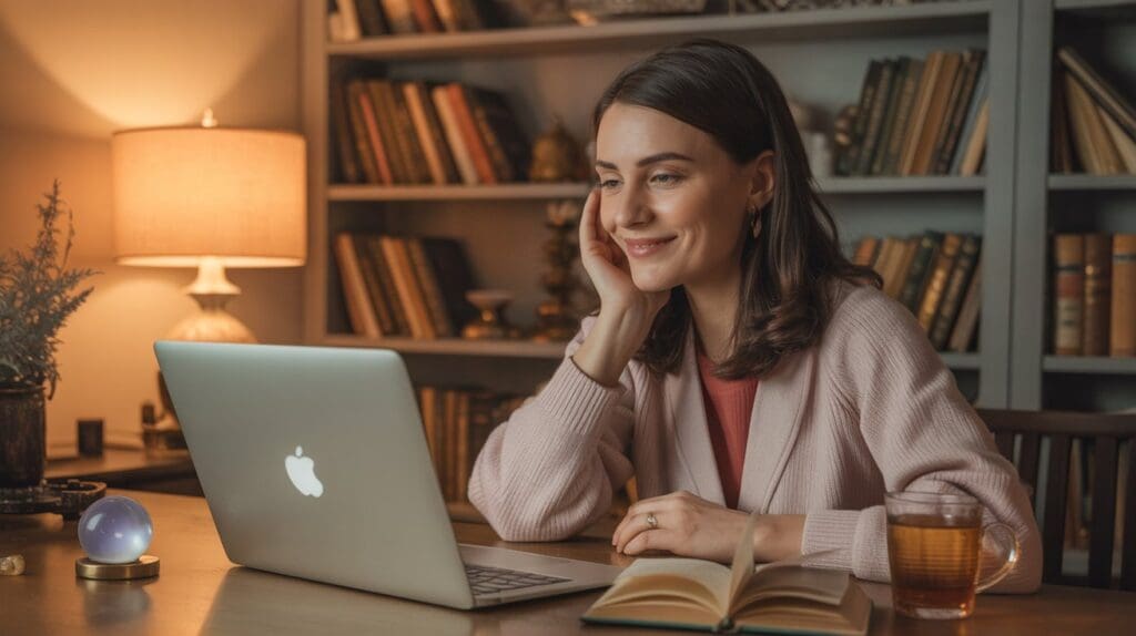 Woman smiling while using a laptop.
