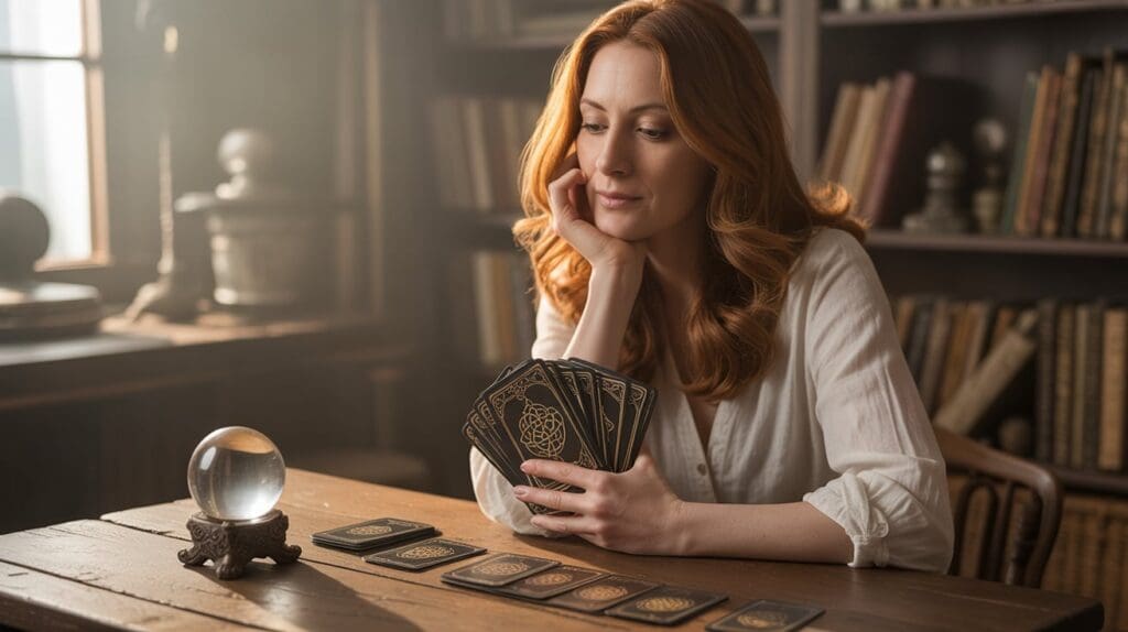 Woman reading tarot cards beside crystal ball.