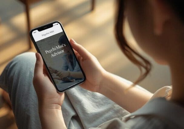 Person holding phone, displaying app screen.